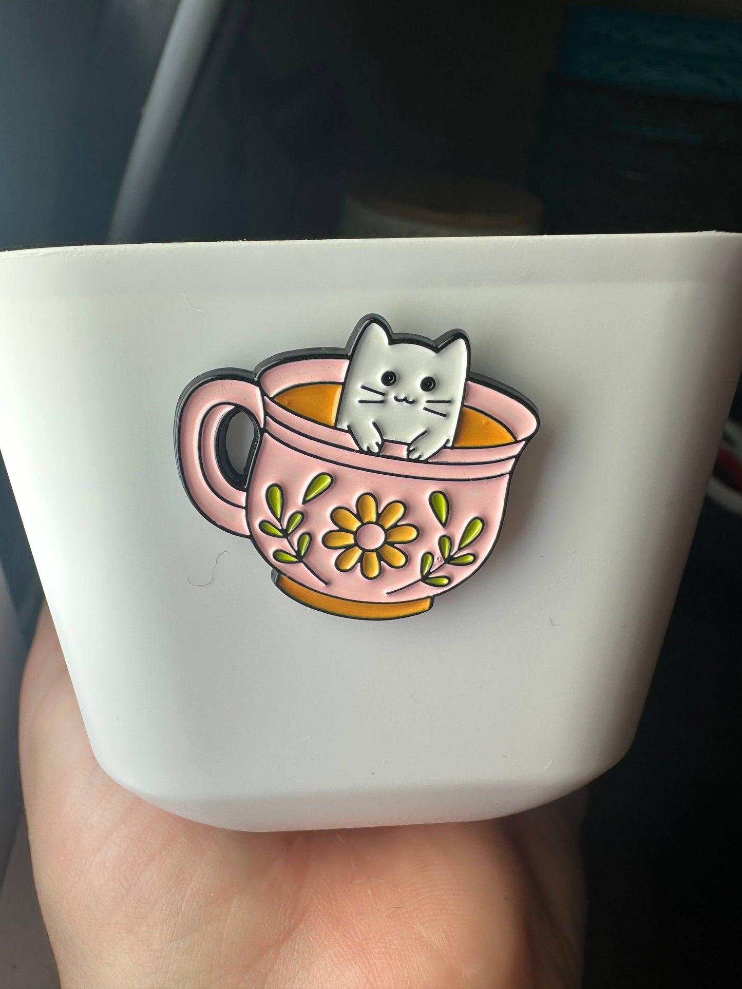 White Cat in Teacup Pin - Cute - Pink Flower Teacup Pin