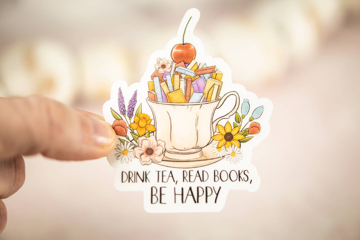 Drink Tea, Read Books, Be Happy, Vinyl Sticker, 3x3 in.