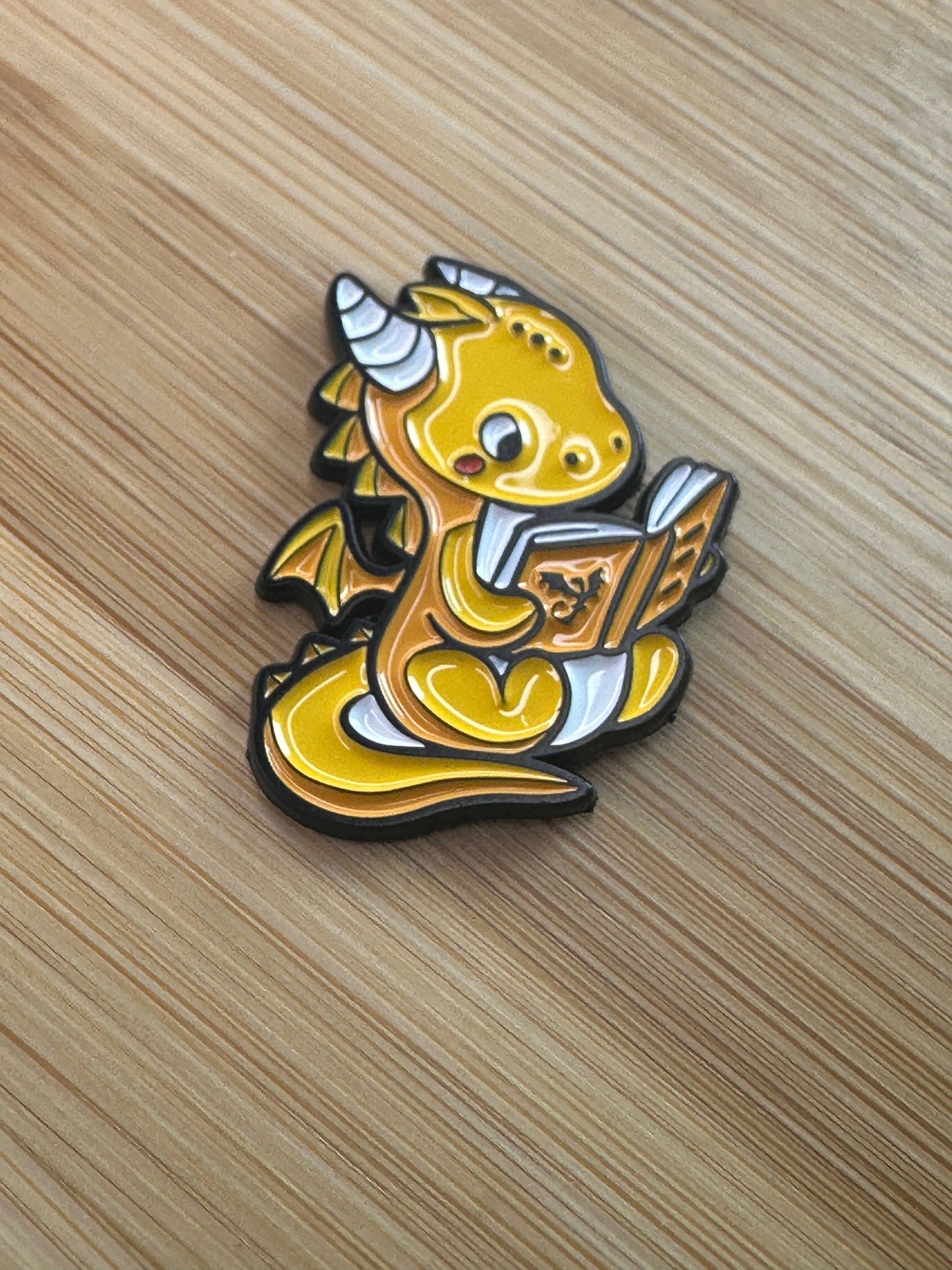 Book Dragon Enamel Pin - Golden Baby Dragon Reading