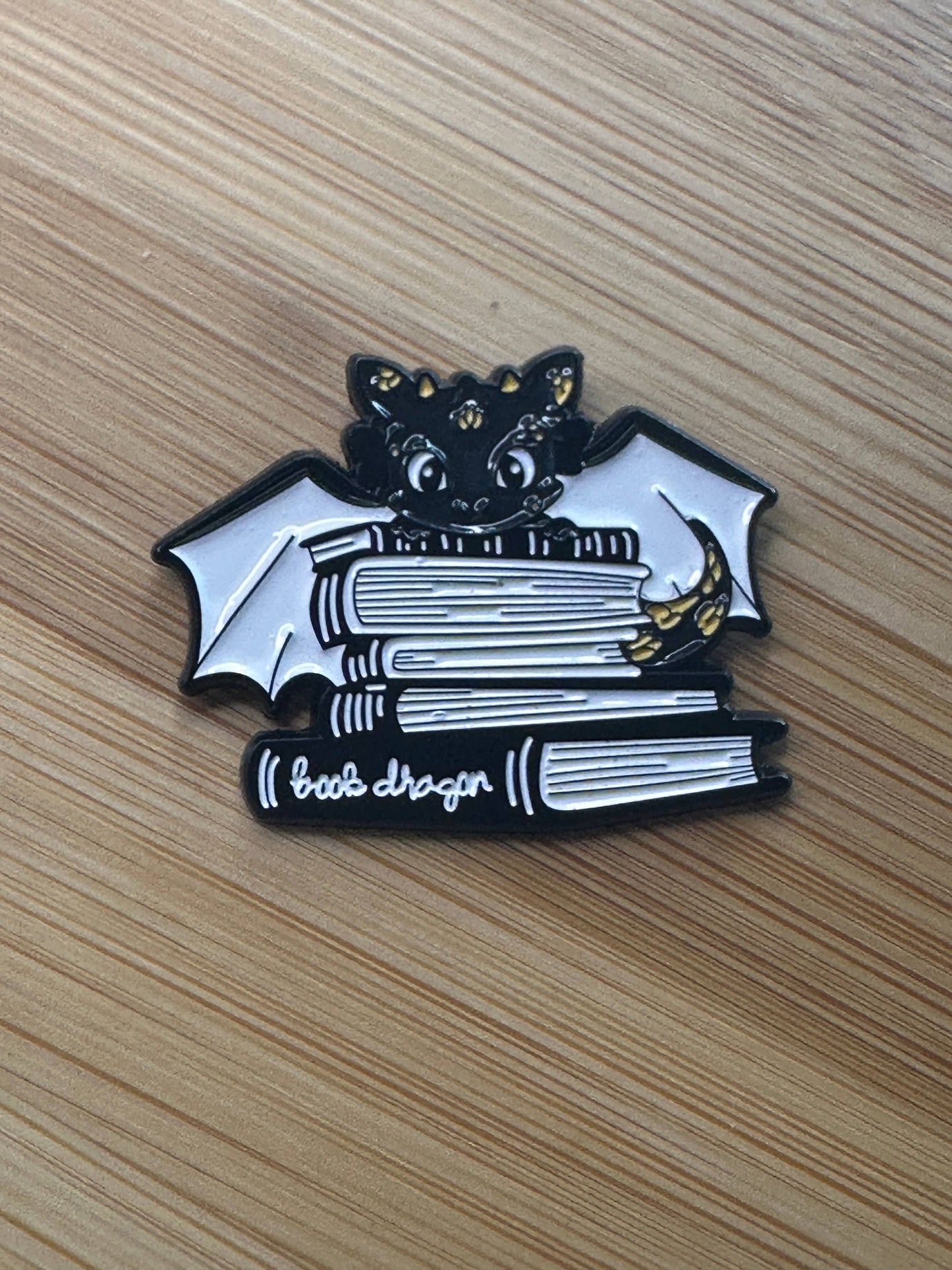 Book Dragon Enamel Pin - Black Dragon and Book Stack