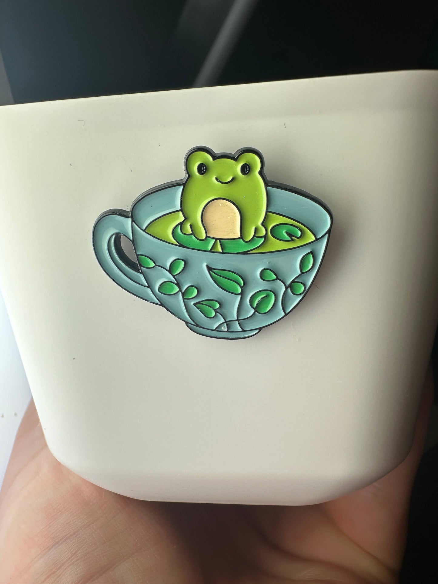 Frog in Teacup Pin - Cute - Blue Teacup with Vines Pin