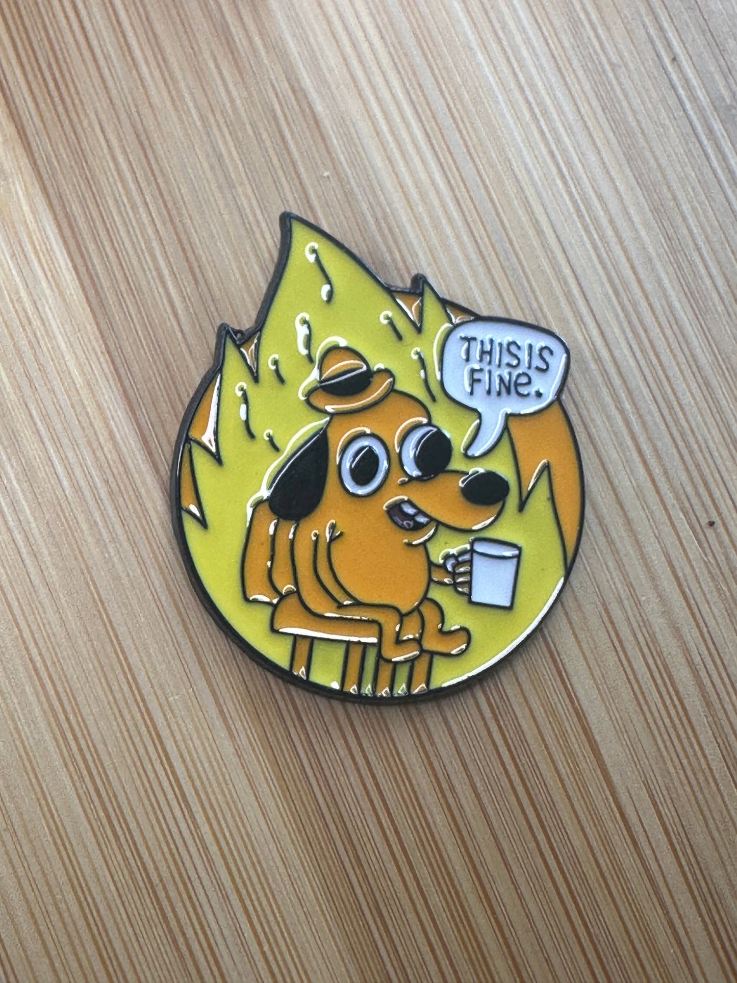 This is Fine Enamel Pin - House on Fire, Drinking Coffee