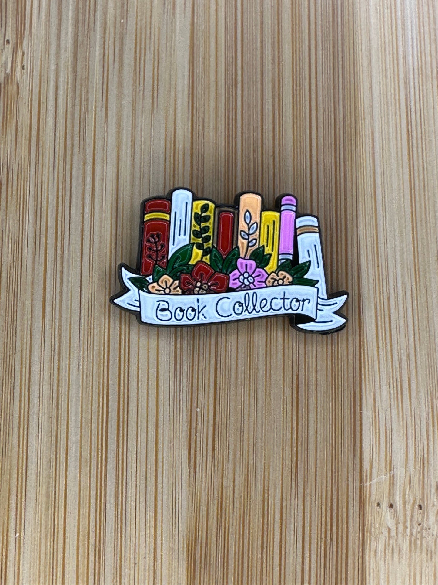 Book Collector Books and Flower Enamel Pin