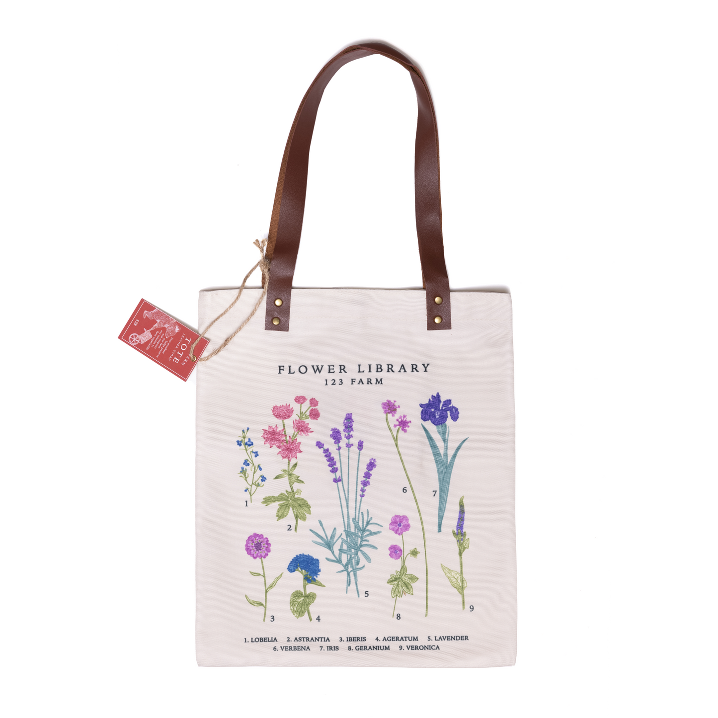 Leather Strap Tote Bag - Flower Library 16"x12.5"