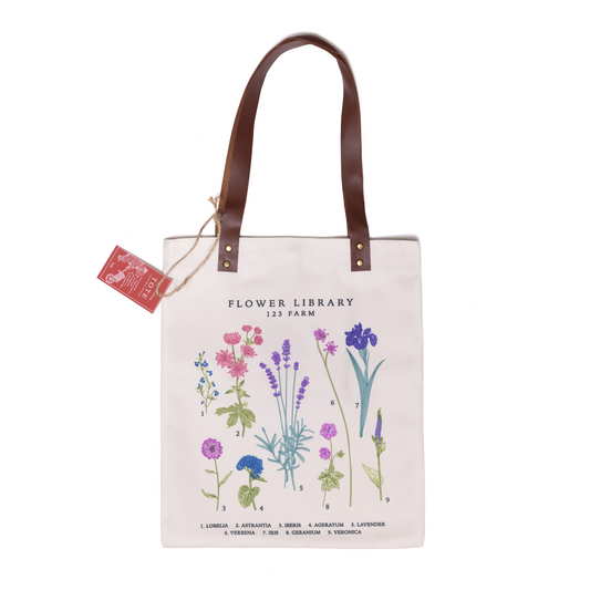 Leather Strap Tote Bag - Flower Library 16"x12.5"