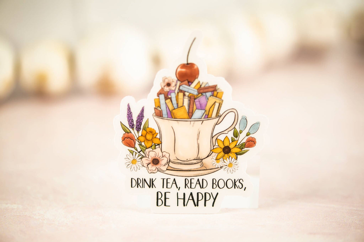Drink Tea, Read Books, Be Happy, Vinyl Sticker, 3x3 in.