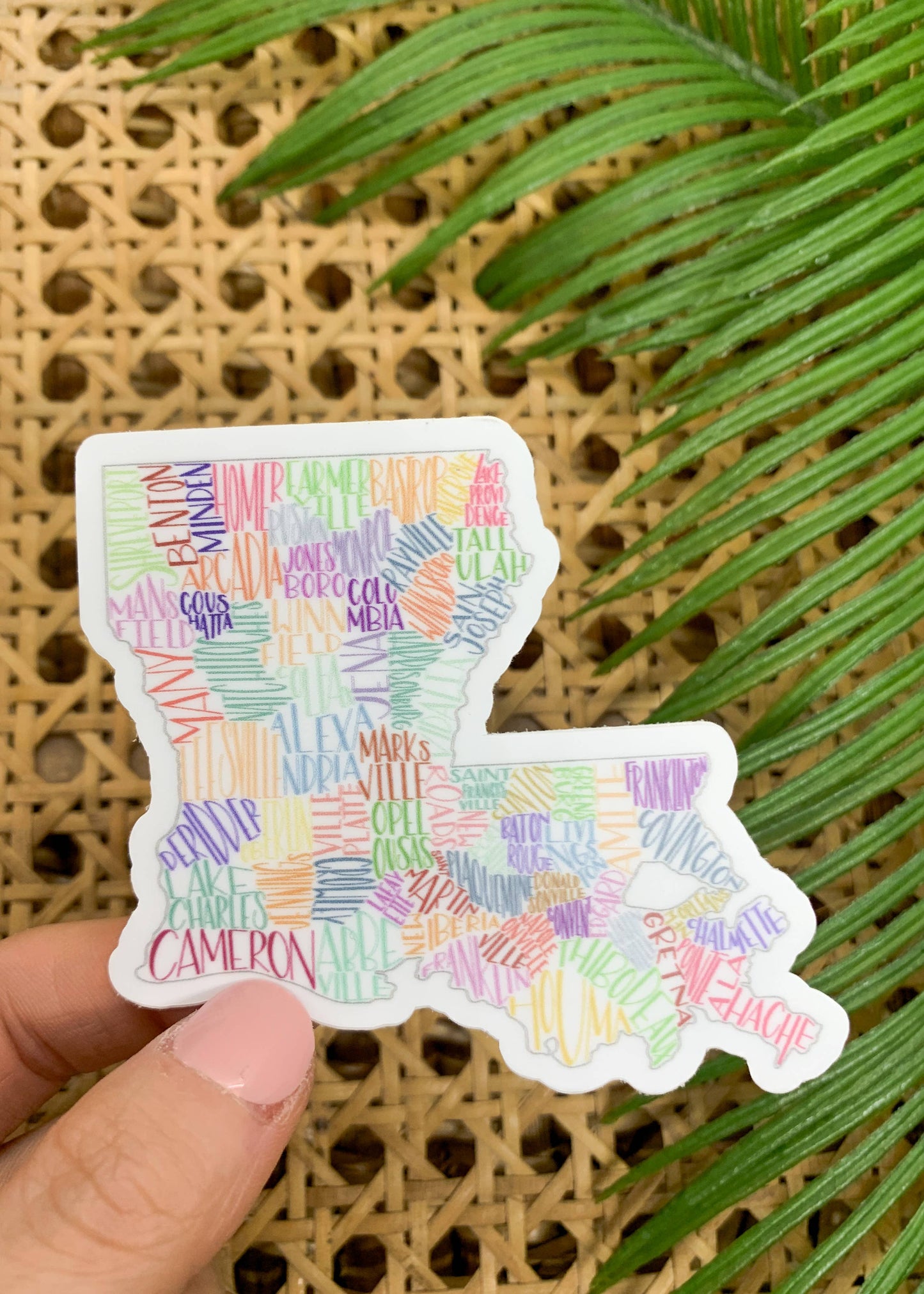 Hand lettered Louisiana Parish Seats, Vinyl Sticker, 3x3 in.