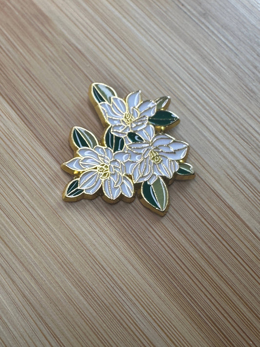 Magnolia Flowers Enamel Pin - White Flowers, Green Leaves