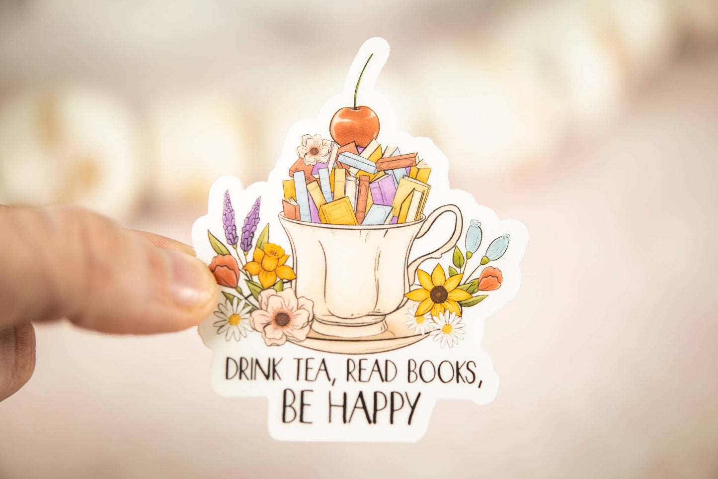 Drink Tea, Read Books, Be Happy, Vinyl Sticker, 3x3 in.