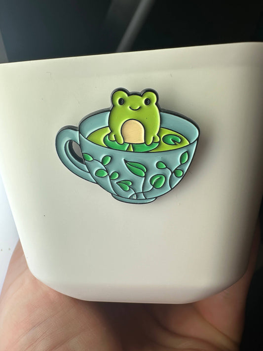 Frog in Teacup Pin - Cute - Blue Teacup with Vines Pin