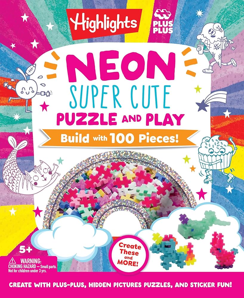 Neon Super Cute Puzzle and Play: Plus-Plus Building Blocks and Hidden Pictures Puzzle Sticker Book Set for Kids 5-9, Create and Personalize with Cute ... & Plus-Plus Activity Book and Blocks Set) cover image