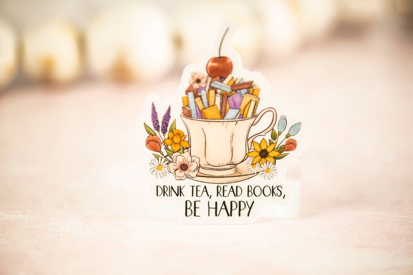 Drink Tea, Read Books, Be Happy, Vinyl Sticker, 3x3 in.