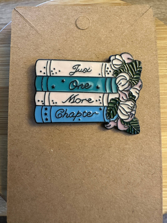 Just One More Chapter Enamel Pin - Book Stack and Flowers