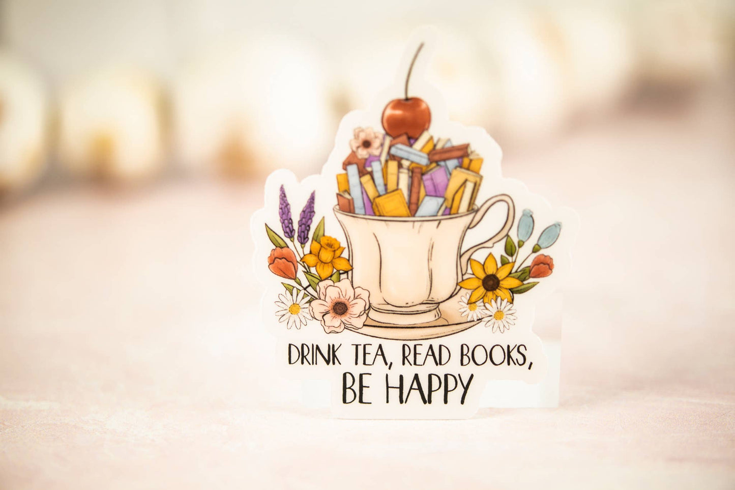 Drink Tea, Read Books, Be Happy, Vinyl Sticker, 3x3 in.