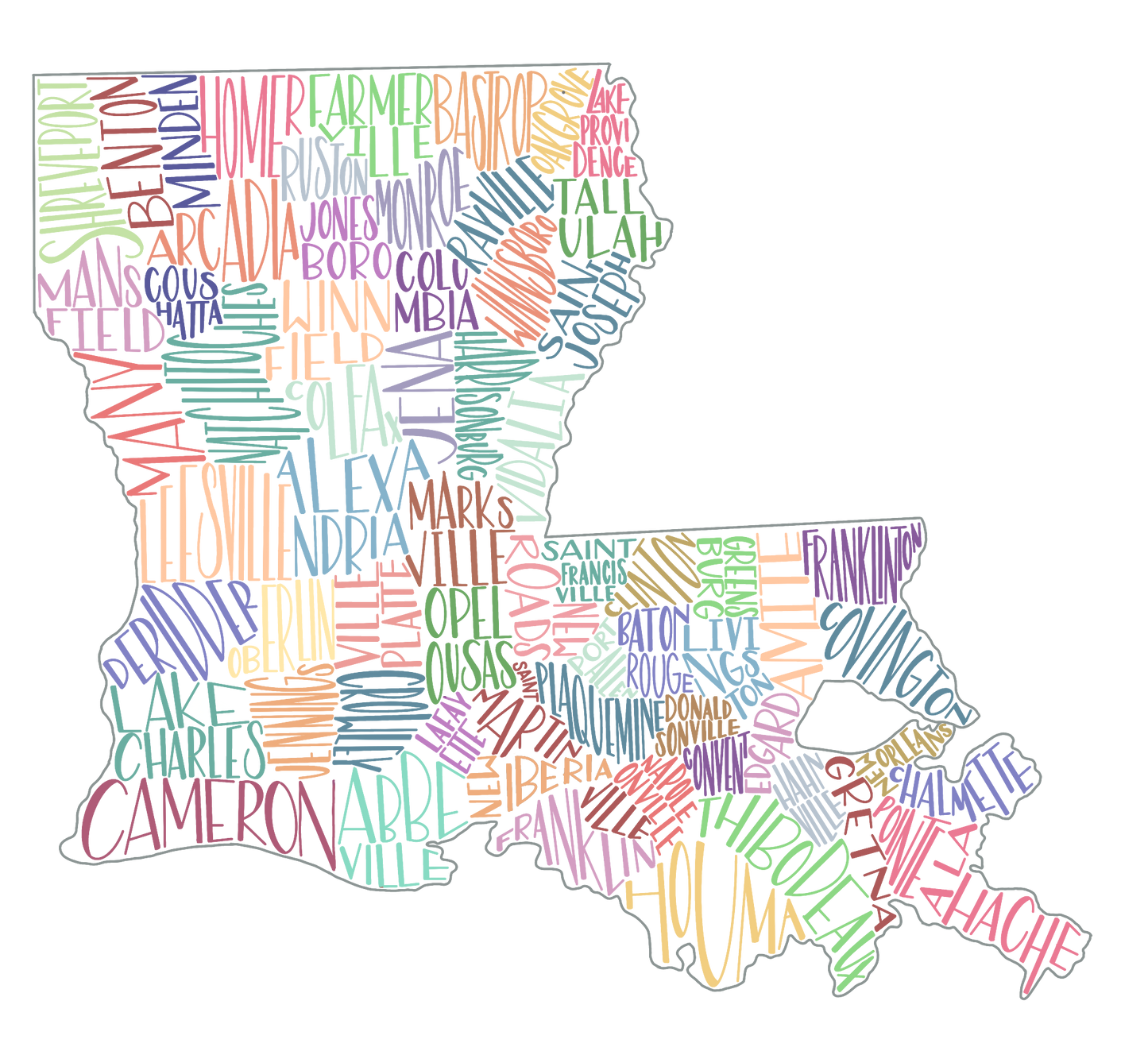 Hand lettered Louisiana Parish Seats, Vinyl Sticker, 3x3 in.