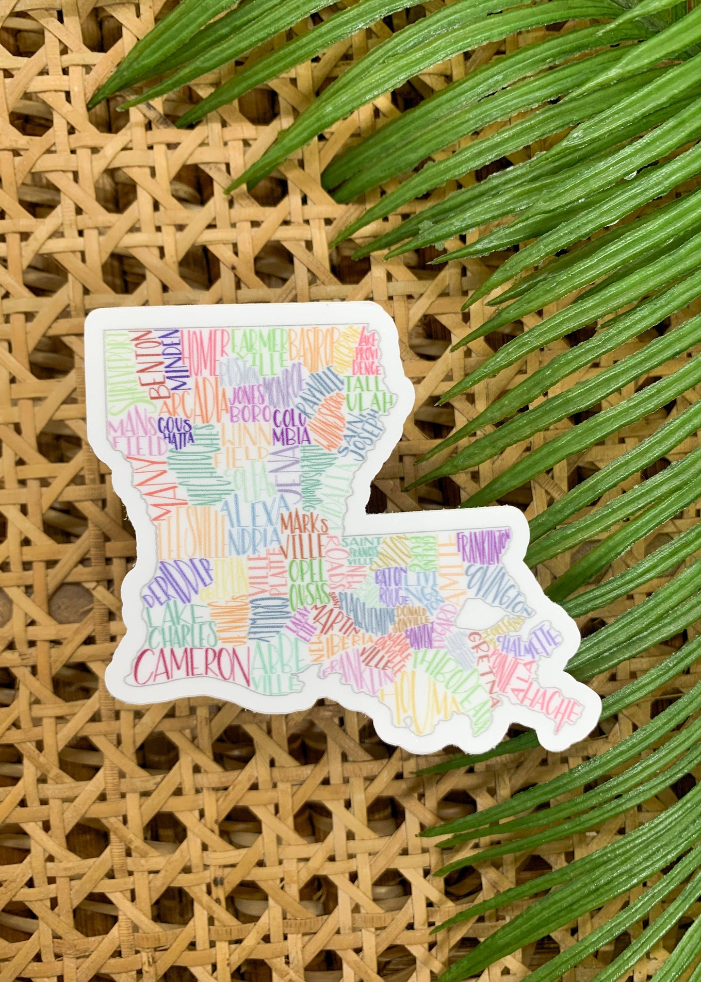 Hand lettered Louisiana Parish Seats, Vinyl Sticker, 3x3 in.